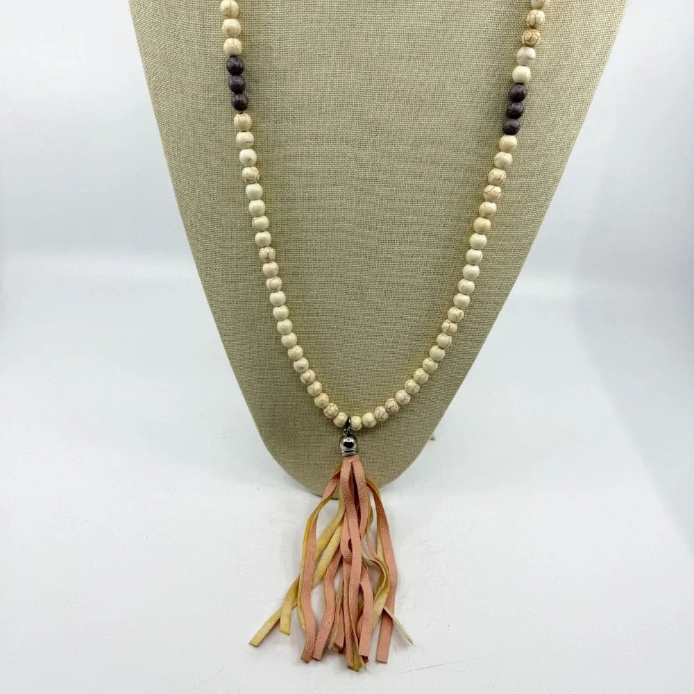 Boho White Howlite Bead Long Necklace Pink Faux Leather Tassel Statement